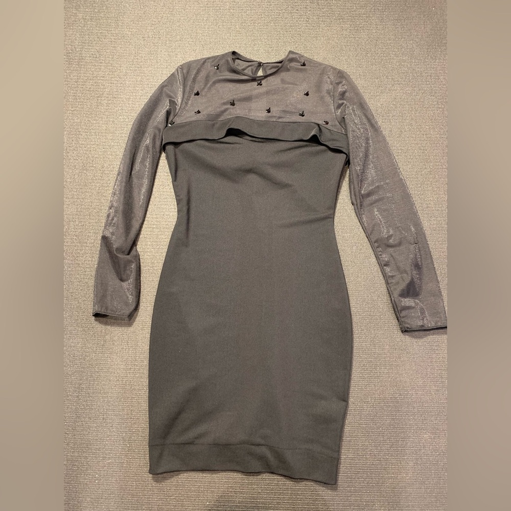 Anna Sui Black Bodycon Dress Sheer Long Sleeve Beaded Bow Size Small Vintage